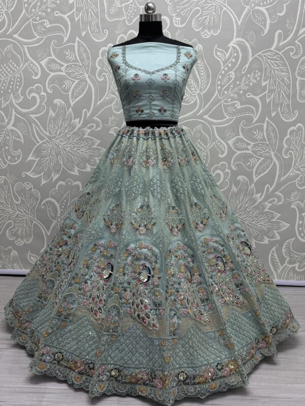 Precious Aqua Blue Sequins Net Bridesmaid Lehenga Choli With Dupatta - Image 2