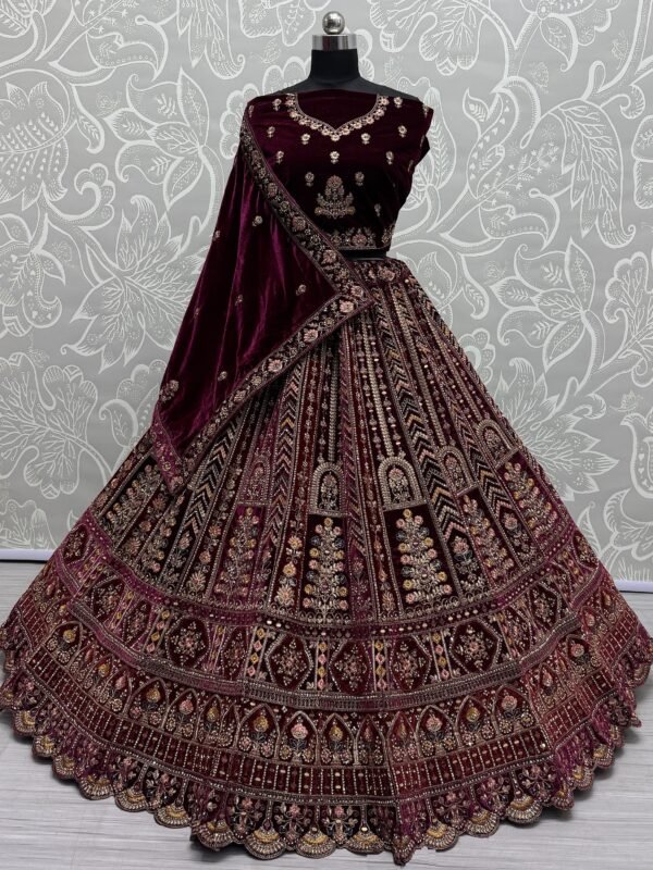 Lovely Maroon Velvet Bridal Lehenga Choli With Double Dupatta - Image 2