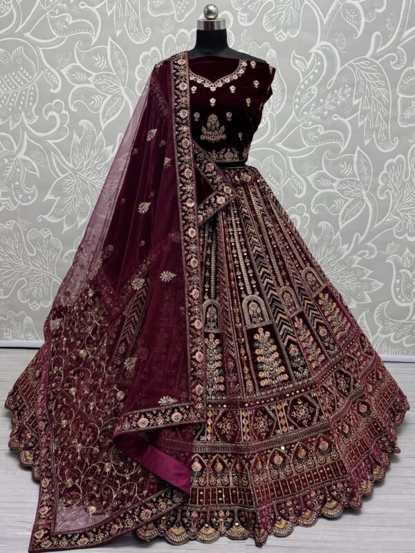 Lovely Maroon Velvet Bridal Lehenga Choli With Double Dupatta