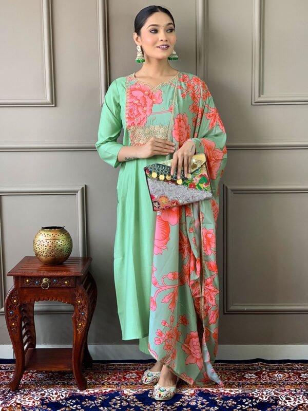 Astonishing Firozi Embroidered Chanderi Festival Wear Pant Suit - Image 2