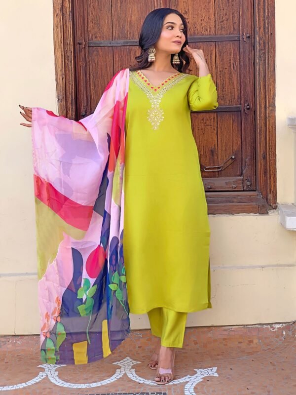 Glamorous Lime Green Sequins Rayon Event Wear Pant Suit With Dupatta - Image 2