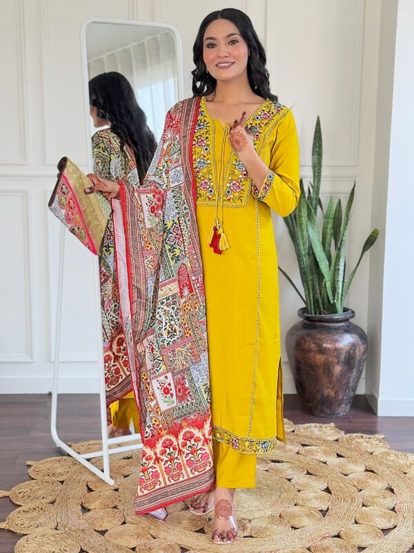 Stunning Yellow Floral Embroidered Viscose Event Wear Pant Suit - Image 2