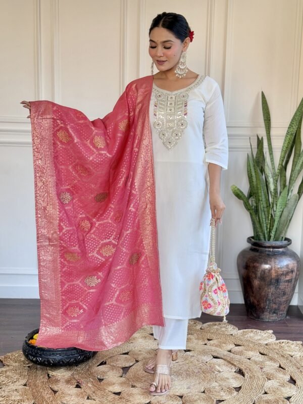 Amazing Off-White Embroidered Chanderi Pant Suit With Dupatta - Image 2