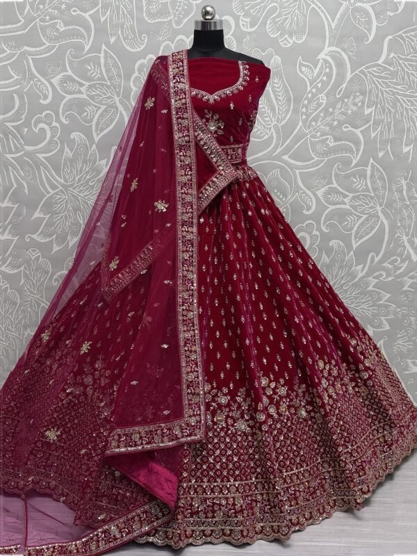 Lovely Red Thread Work Velvet Bridal Lehenga Choli With Double Dupatta
