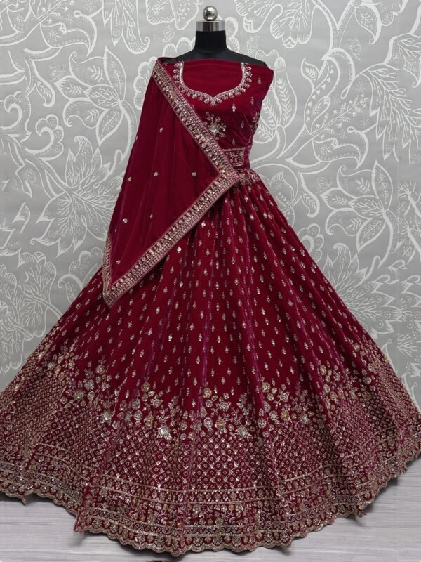 Lovely Red Thread Work Velvet Bridal Lehenga Choli With Double Dupatta - Image 2