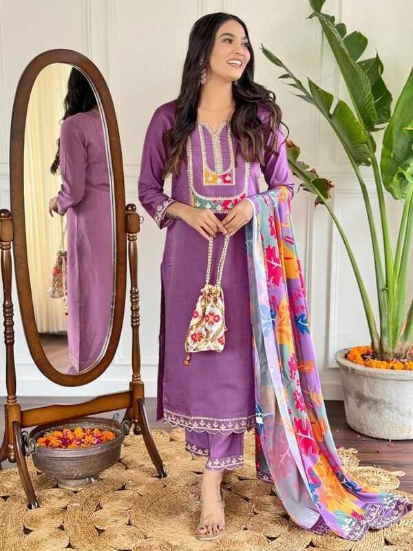 Gorgeous Purple Thread Embroidered Viscose Straight Suit - Image 2