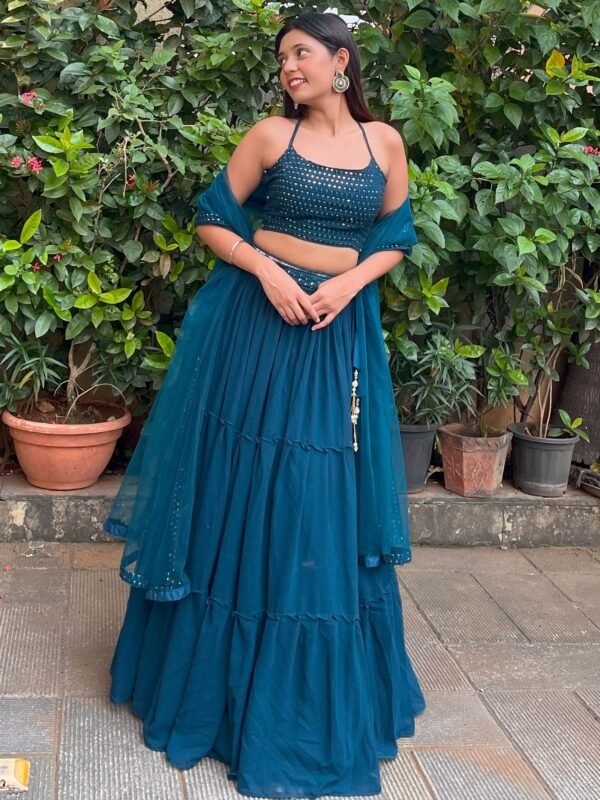 Sweet Teal Blue Georgette Party Wear Lehenga Choli With Dupatta - Image 2