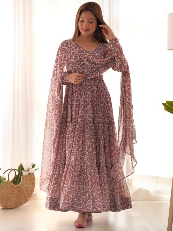 Impressive Brown Digital Printed Long Anarkali Gown With Dupatta - Image 2