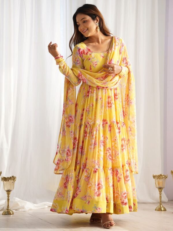 Stunning Yellow Floral Printed Georgette Event Wear Anarkali Suit - Image 2