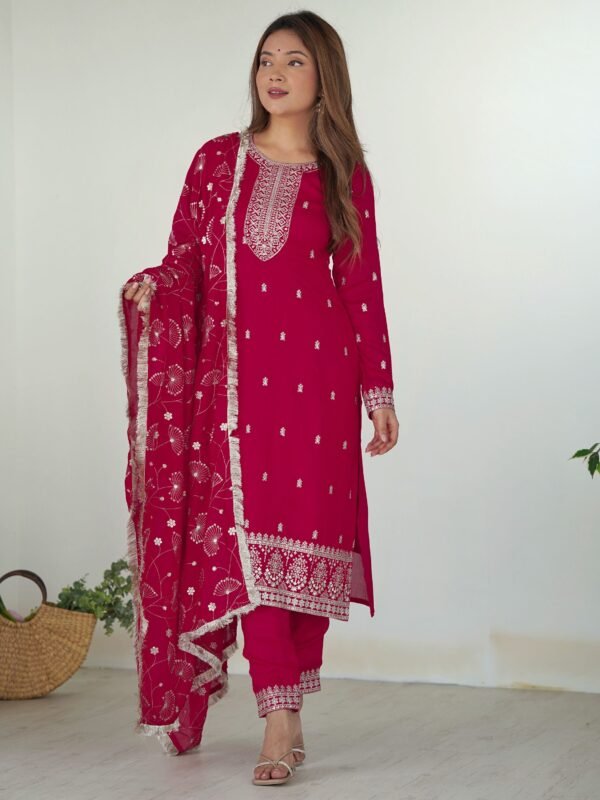Fabulous Rani Pink Embroidered Silk Festival Wear Pant Suit - Image 2