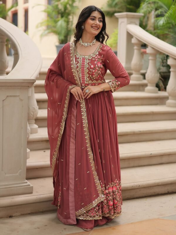 Adorable Brown Embroidered Georgette Anarkali Suit With Sharara