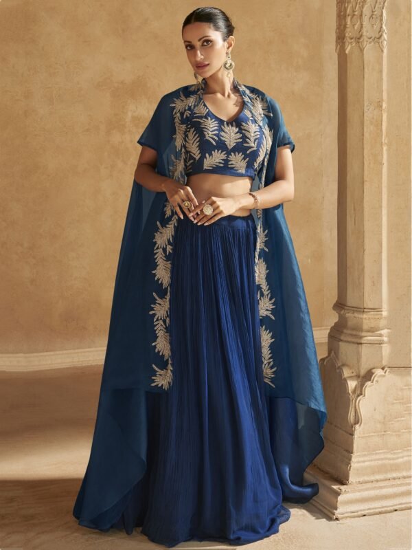 Beautiful Blue Chinon Reception Wear Lehenga Choli With Jacket