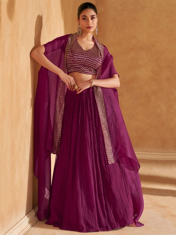 Attractive Wine Chinon Party Wear Lehenga Choli With Jacket