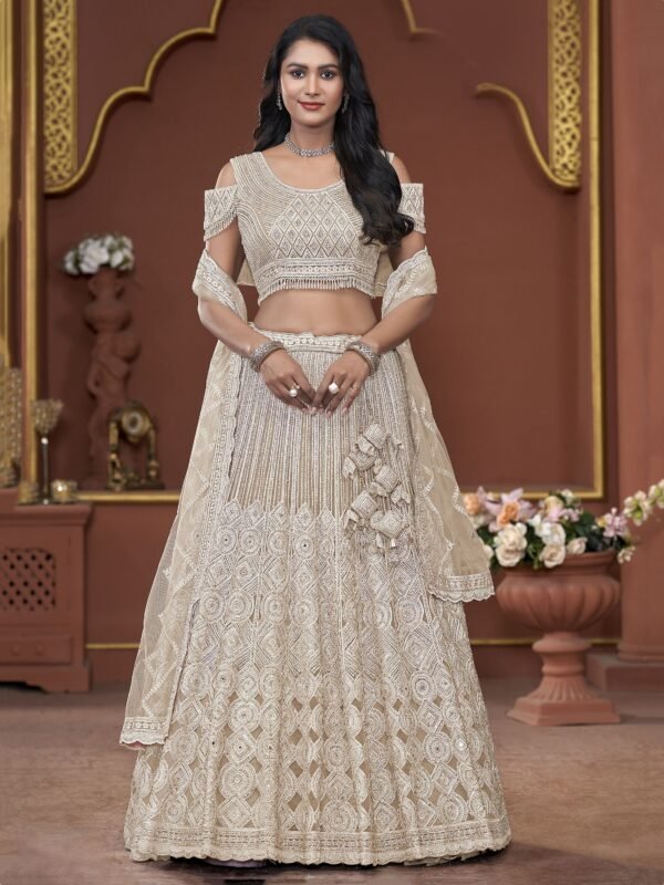 Wonderful Beige Jarkan Work Net Bridesmaid Lehenga Choli With Dupatta