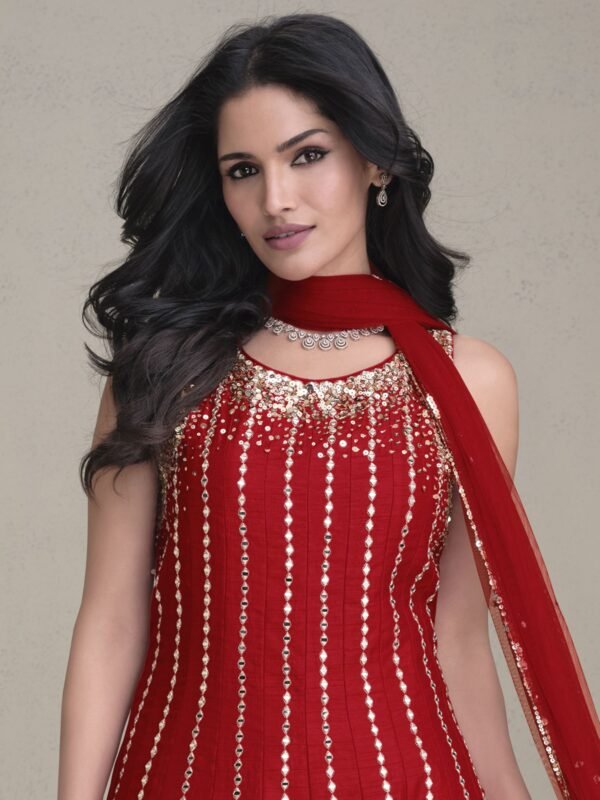 Wonderful Red Sequins Silk Festival Wear Dhoti Suit With Dupatta - Image 2