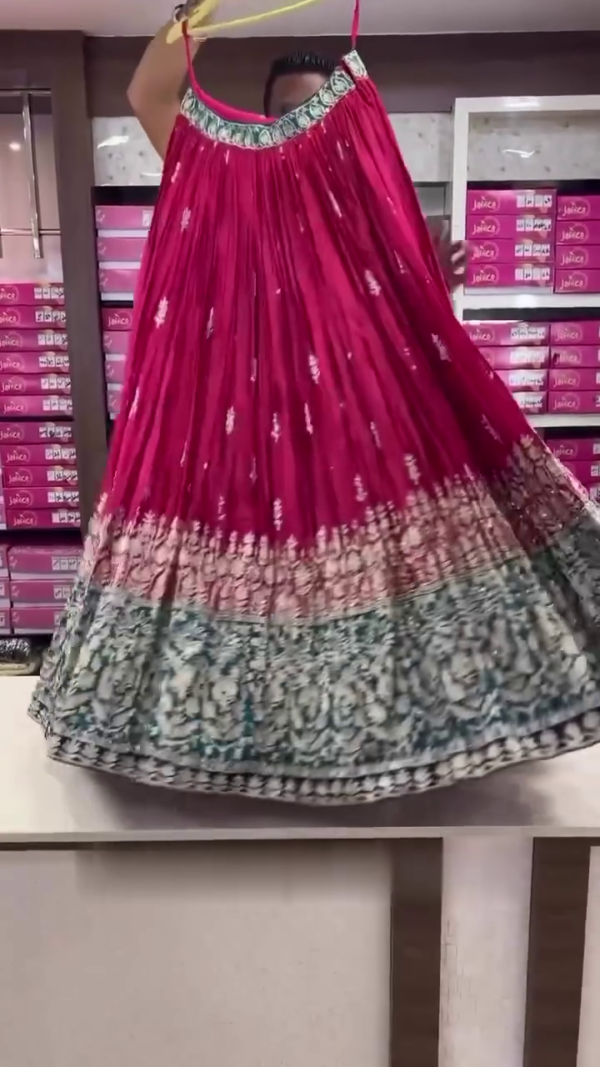 Hand Embroidered Fuchsia Pink Pure Georgette Lucknowi Chikankari Lehenga Set With Muqaish Work - Image 2