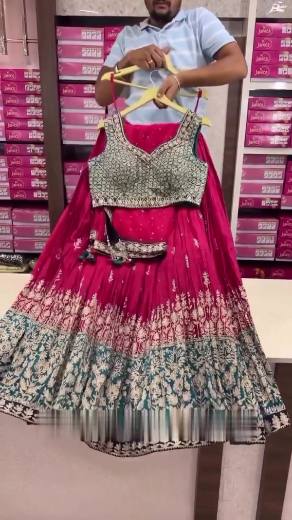 Hand Embroidered Fuchsia Pink Pure Georgette Lucknowi Chikankari Lehenga Set With Muqaish Work