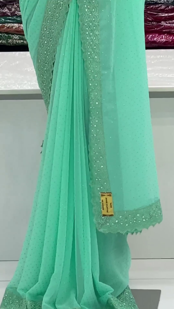 Pista Zari thread mirror Diamond Work Saree - Image 2