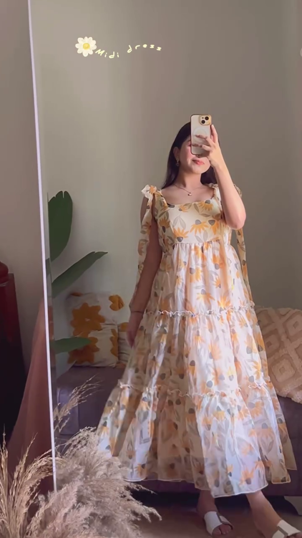 Floral Print Flutter Sleeve Layered Fit and Flare Midi Dress