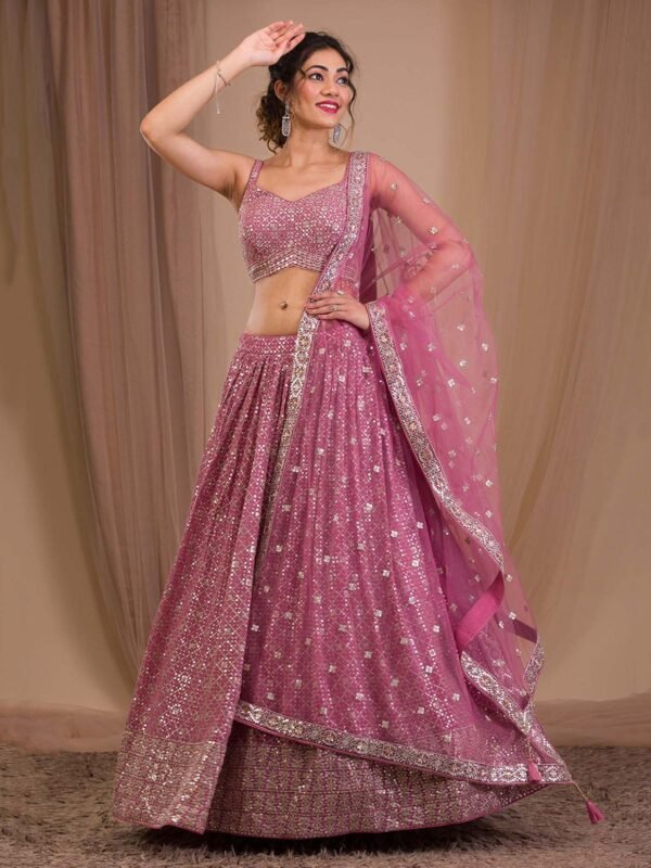 Alluring Pink Sequins Georgette Engagement Wear Lehenga Choli