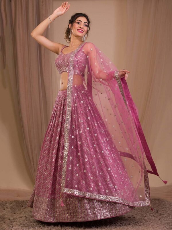 Alluring Pink Sequins Georgette Engagement Wear Lehenga Choli - Image 2