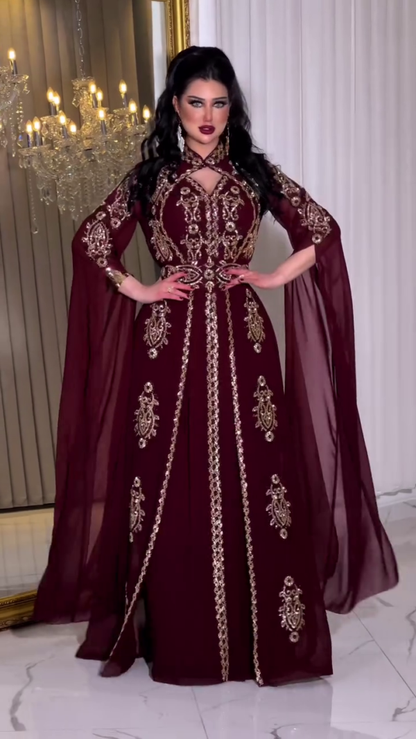 Kaftan Georgette Dubai Moroccan Kaftan Maroon Islamic Arabic Fancy Women Maxi and Gown Dress for Party and Islamic Occasion