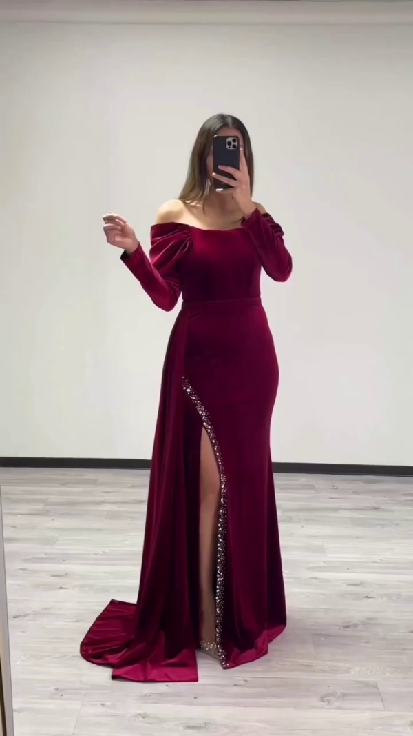 Solid maroon off shoulder party wear dress