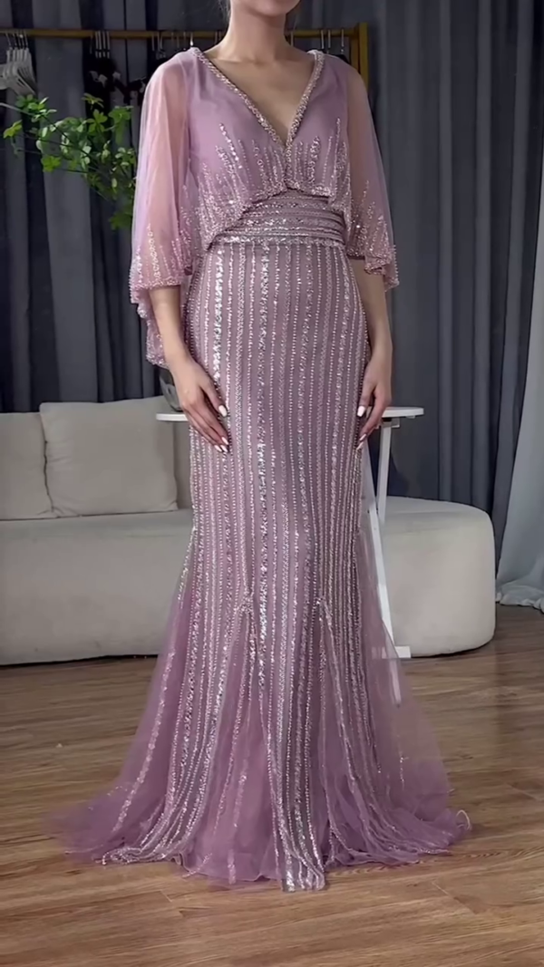 Luxury Pink Mermaid Evening Dresses with Cape