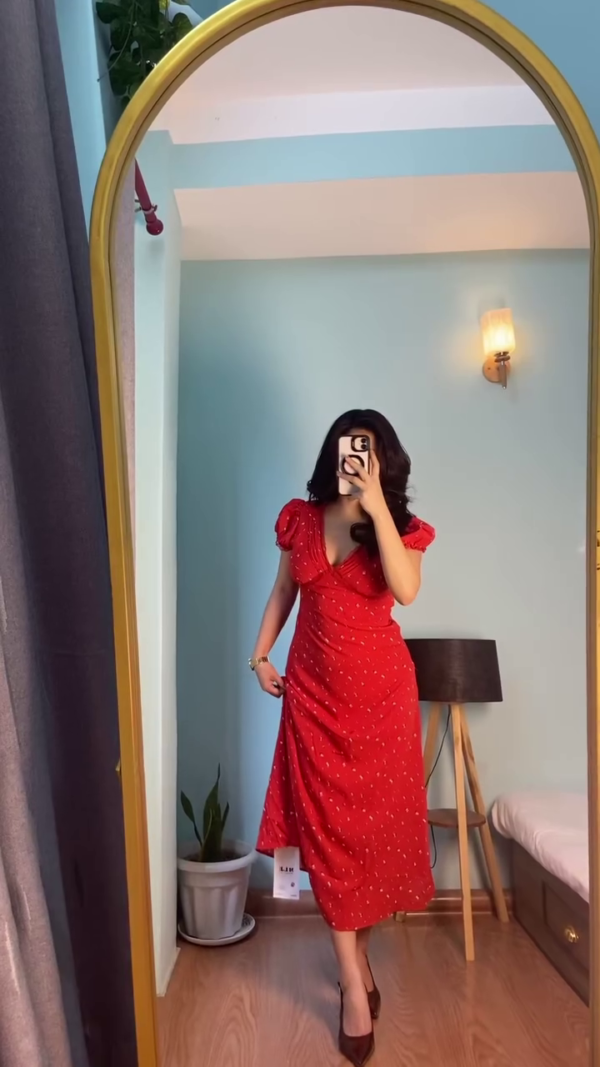 Women Fit and Flare Maroon, White Midi/Calf Length Dress